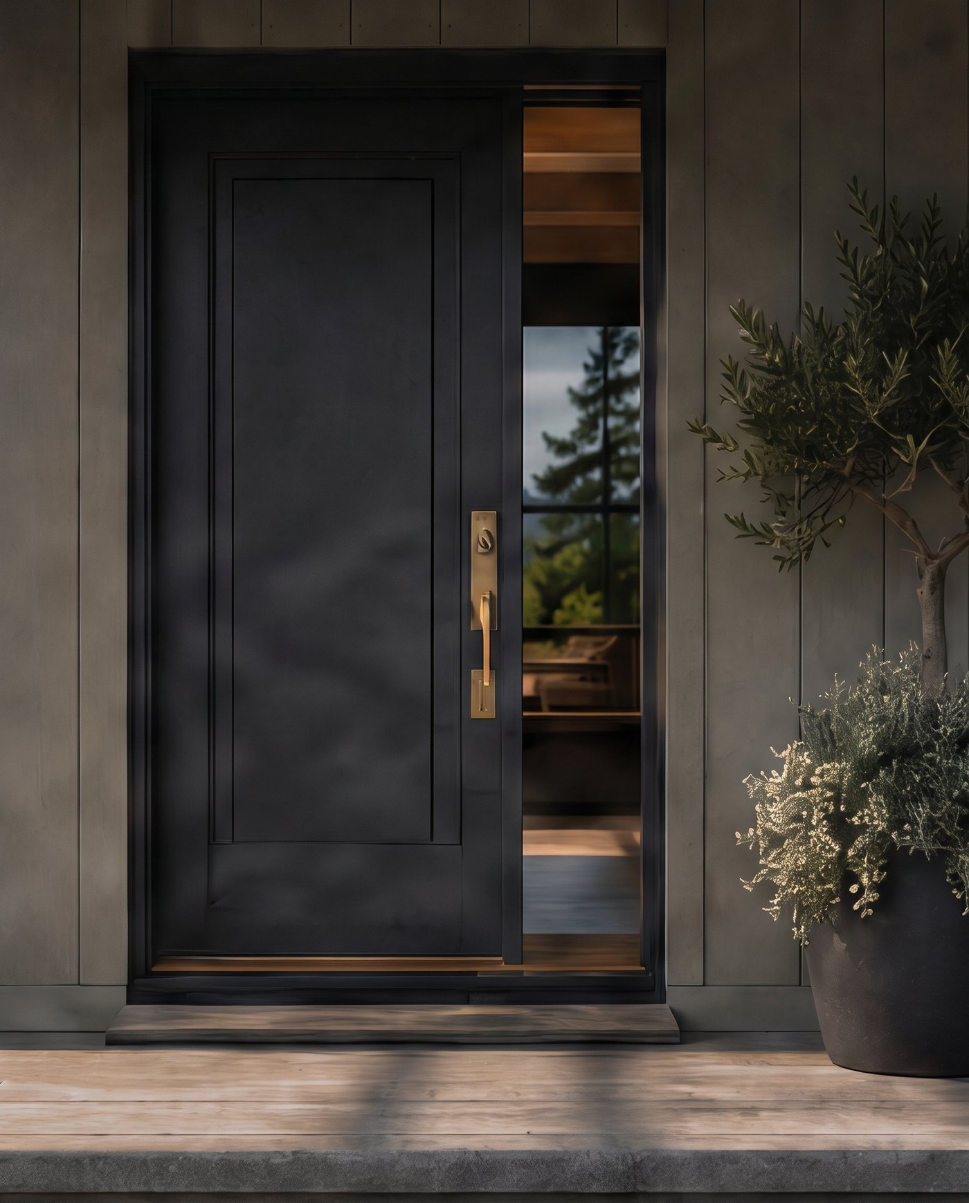 The open front door of a contemporary west-coast home, warm light inside, an olive tree in a planter beside the step