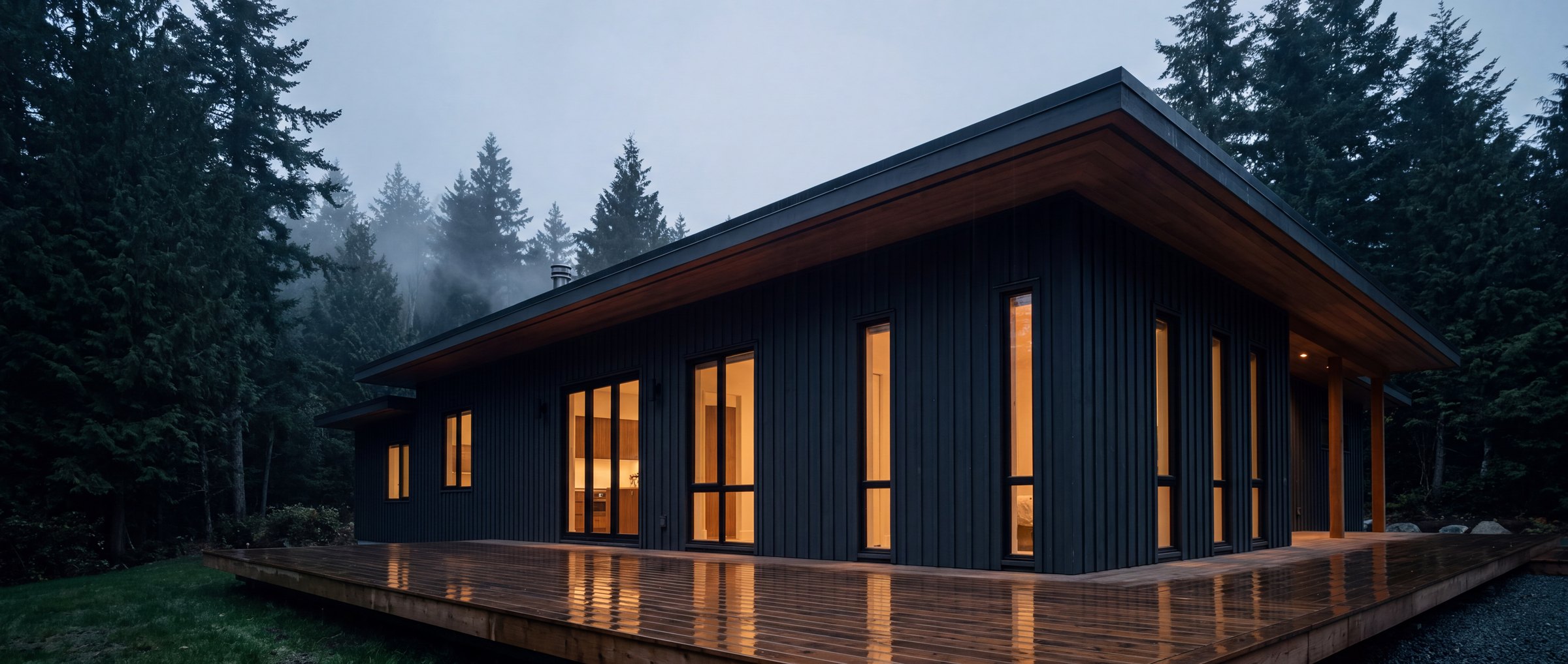 A contemporary west-coast home at dusk in light rain, warm light in the windows, wet timber deck, dark evergreens behind