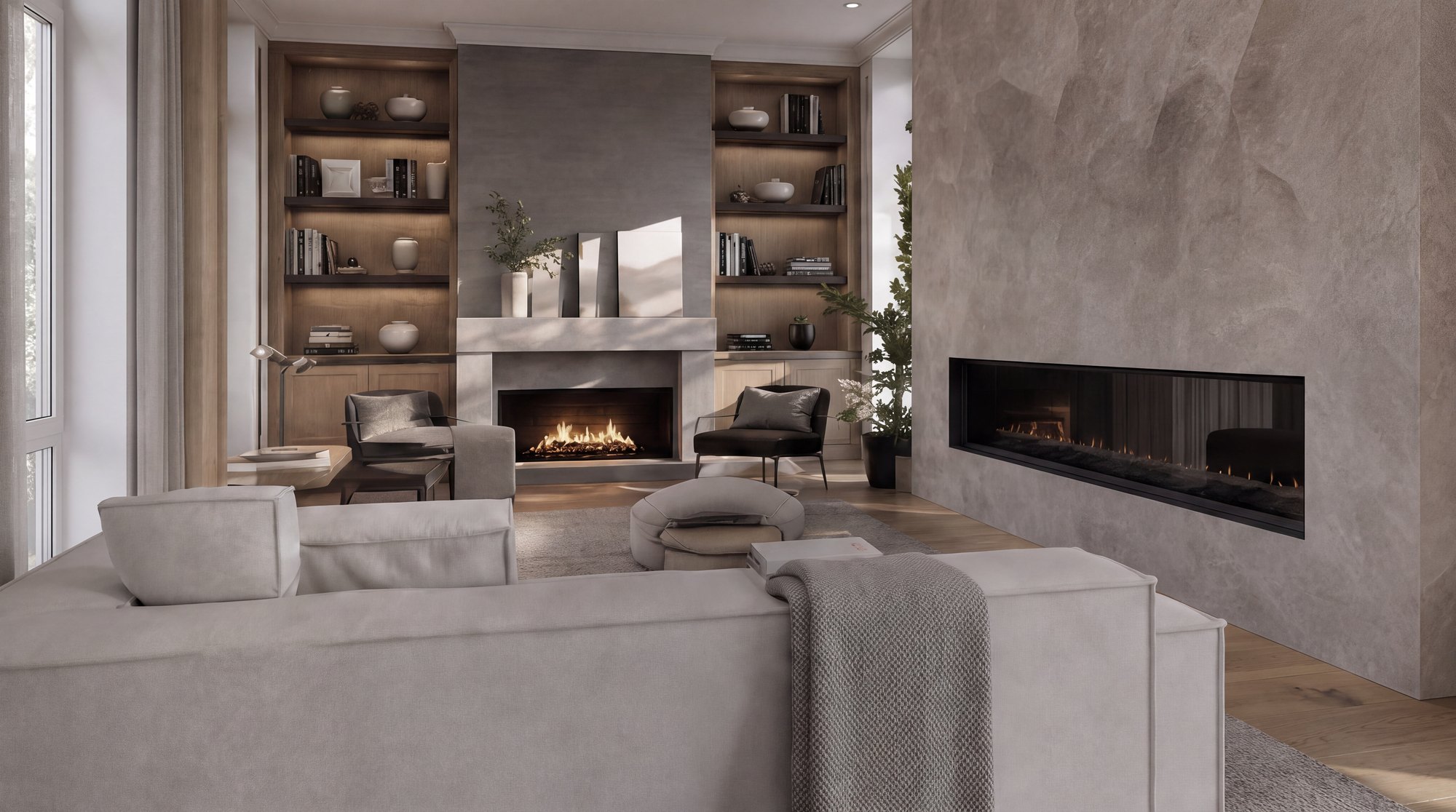 A calm living room with a long linear fireplace set into a plaster wall, built-in timber shelving, and a pale linen sofa